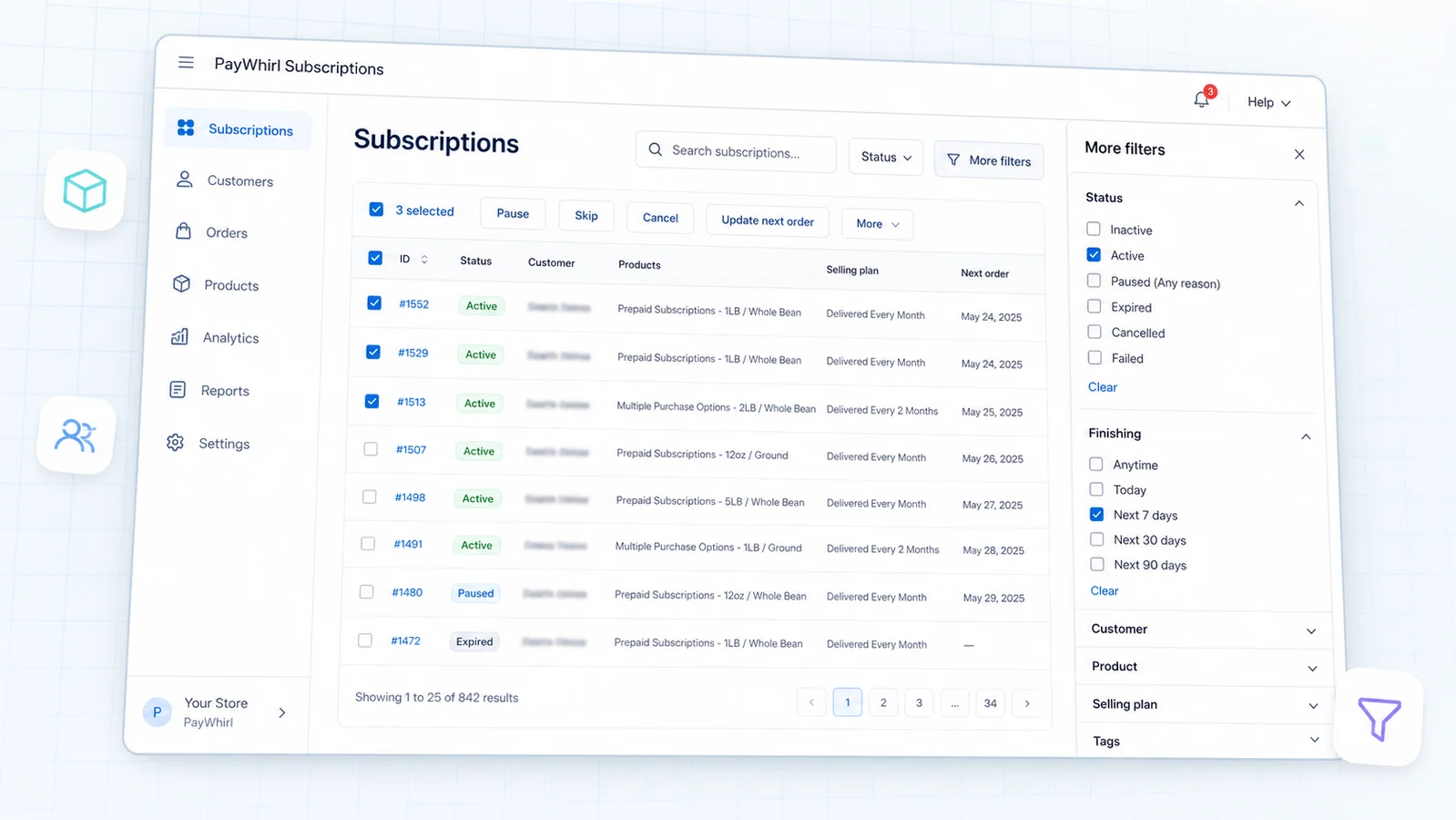 Generated PayWhirl subscriptions interface showing filters, selected subscriptions, and bulk management actions