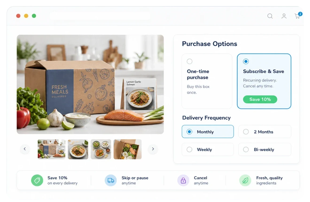 Shopify product page showing a Subscribe and Save purchase option selected