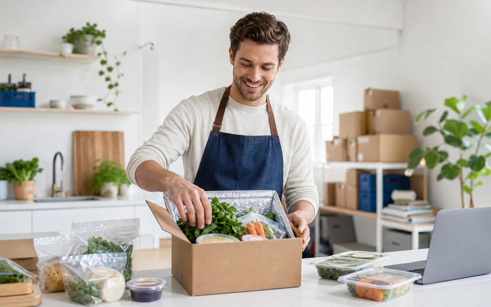 Shopify merchant chef packing a meal kit subscription box in a bright prep kitchen