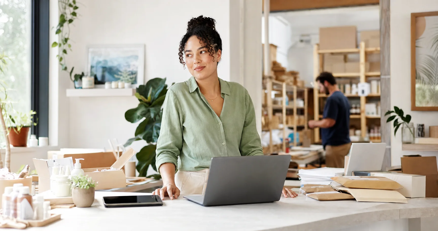 Shopify merchant reviewing subscription orders in a bright fulfillment workspace