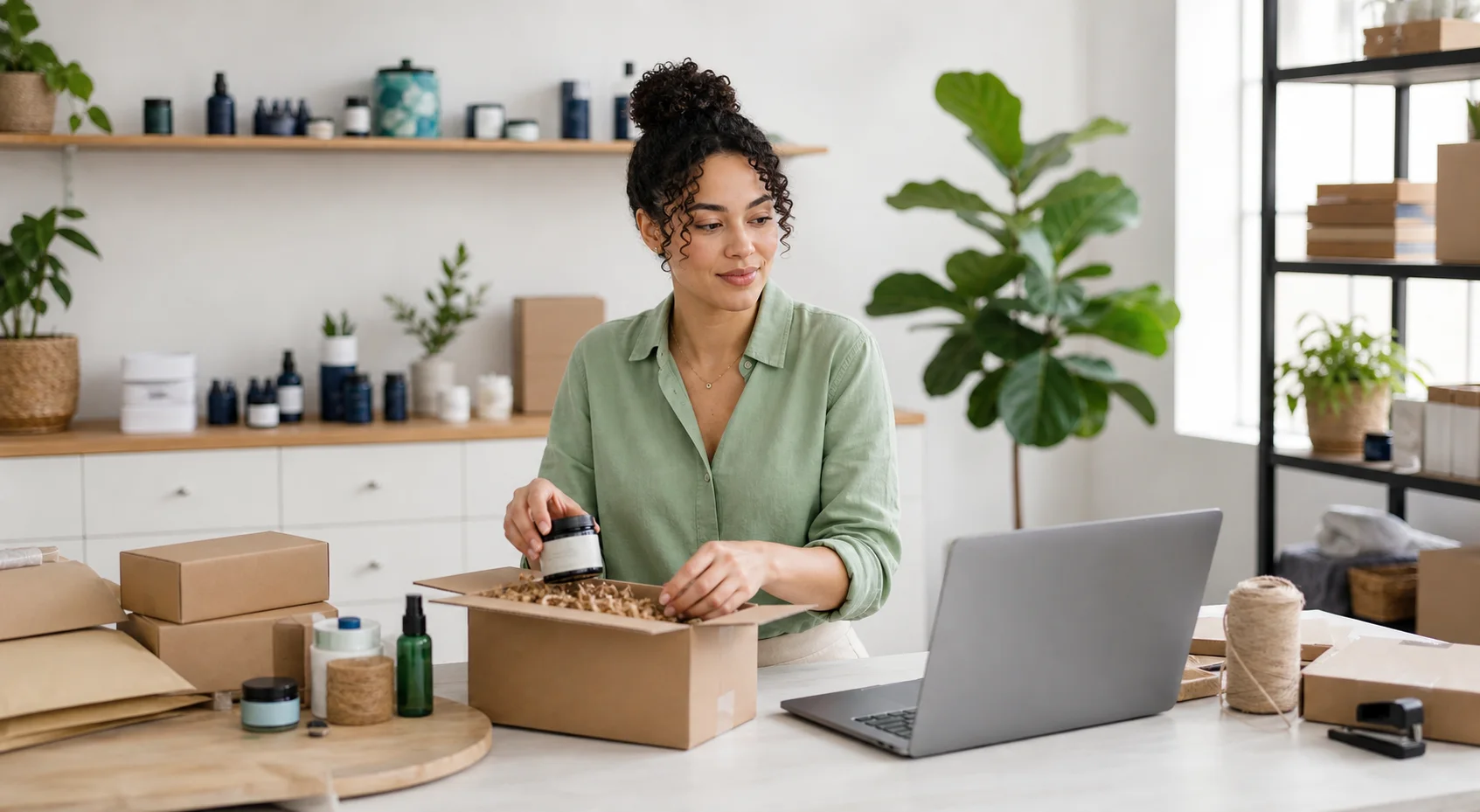 Shopify merchant packing recurring subscription orders in a clean product studio