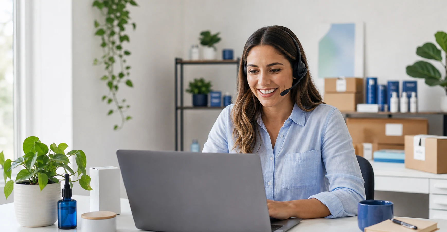 Merchant success specialist helping a Shopify subscriptions merchant from a bright ecommerce workspace