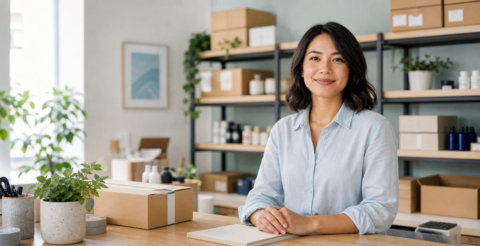 Relaxed Shopify merchant in a calm ecommerce workspace after migration planning