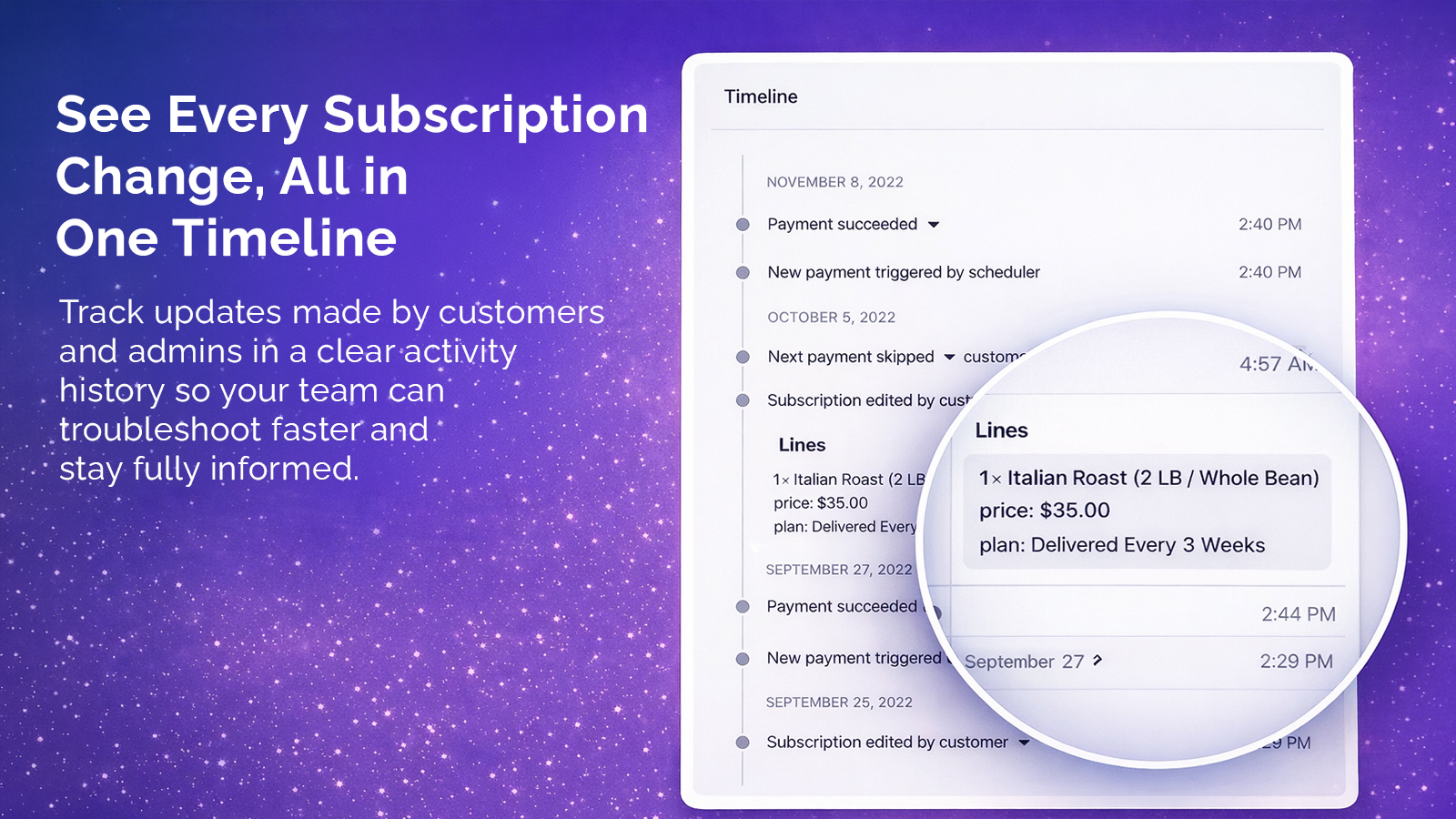 Track subscription changes with a mobile-friendly timeline.