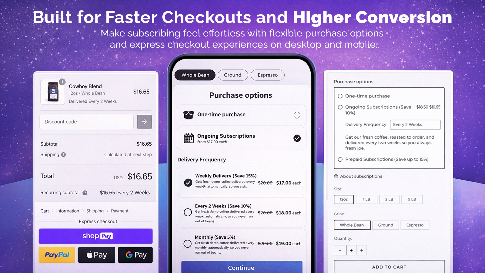 Seamless subscription integration with themes and checkout.